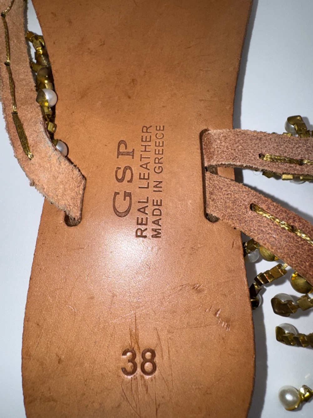 Innovative Greek Sandals GSP Real Leather Pearl Rhinestone Gold Flat Sandal - Picture 14 of 16